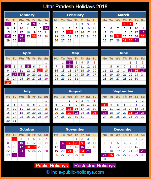 Uttar Pradesh Holiday Calendar 2018